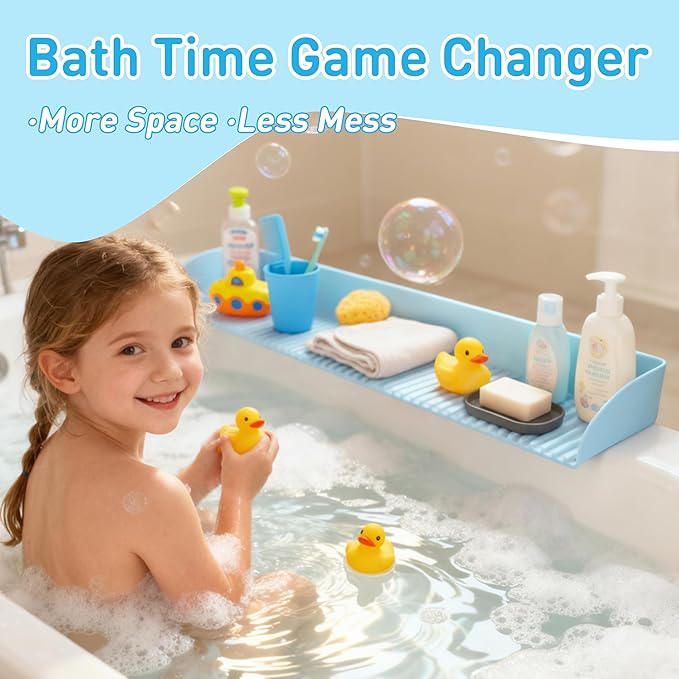 Roslim Splash Guard for Bathtub, Silicone Tub Water Splash Guard with Suction Cups, Bath Toy Tray Holder for Kids & Toddlers, Tub Shelf for Children Bathroom Essentials, Baby Blue