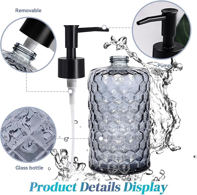 Clear Charcoal Blue Glass Soap Dispenser with Pump, 16oz Honeycombed Design Hand Soap Dispenser, Refillable Lotion & Dish for Dishwashing Liquid, Lotion