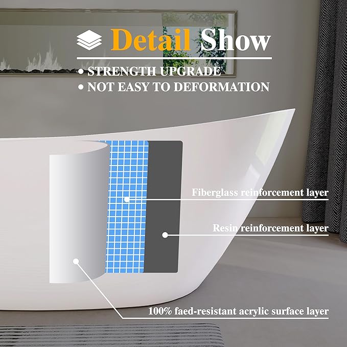 59" High-back Acrylic Freestanding Bathtub, Stand Alone Slipper Soaking Tub, Integrated Overflow and Drain, cUPC Certified