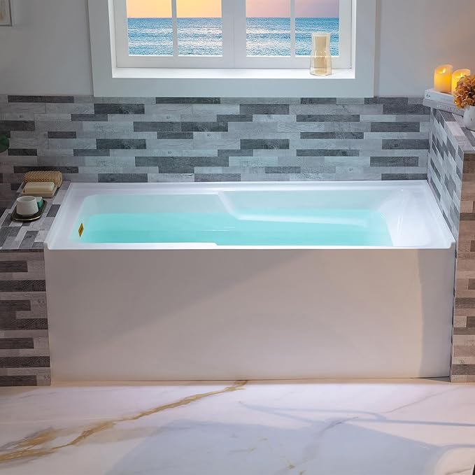 WOODBRIDGE 60" Acrylic Rectangular Alcove Soaking Bathtub in White with Left Drain, Brushed Gold pop-UP Drain Included BA6030L