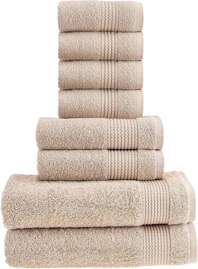 HALLEY Turkish Cotton Towels (Set of 8) 2 Bath Towels 2 Hand Towels 4 Washcloths, Super Soft Highly Absorbent 100% Cotton Towels for Bathroom and Kitchen for Mother’s Day (Tan)