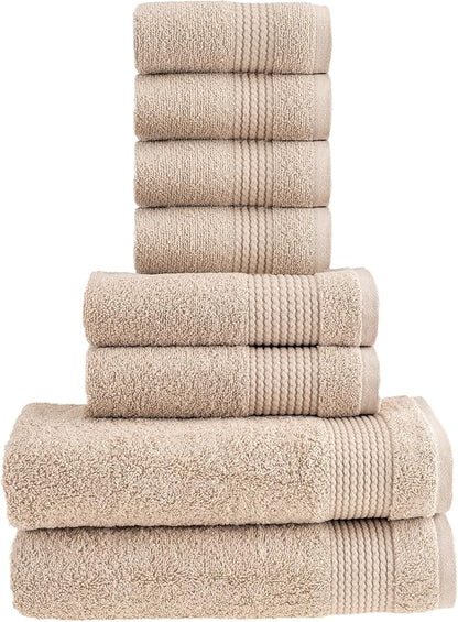 HALLEY Turkish Cotton Towels (Set of 8) 2 Bath Towels 2 Hand Towels 4 Washcloths, Super Soft Highly Absorbent 100% Cotton Towels for Bathroom and Kitchen for Mother’s Day (Tan)