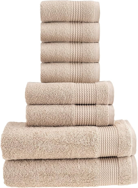 HALLEY Turkish Cotton Towels (Set of 8) 2 Bath Towels 2 Hand Towels 4 Washcloths, Super Soft Highly Absorbent 100% Cotton Towels for Bathroom and Kitchen for Mother’s Day (Tan)