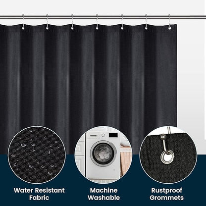 LiBa Waffle Weave Fabric Black Shower Curtain, 72 W x 72 H Water Repellent & Heavyweight, Hotel Quality & Machine Washable Cloth Linen Shower Curtains Set and for Bathroom