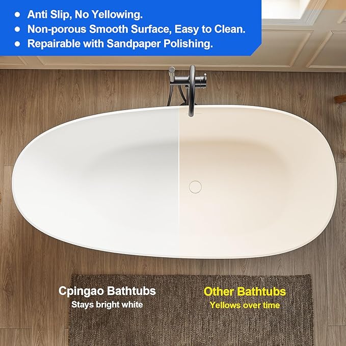Cpingao 59" Freestanding Matte White Stone Resin Soaking Bathtub Modern Stand Alone Tub with Drain and Overflow, 8848-1500