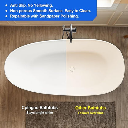 Cpingao 59" Freestanding Matte White Stone Resin Soaking Bathtub Modern Stand Alone Tub with Drain and Overflow, 8848-1500