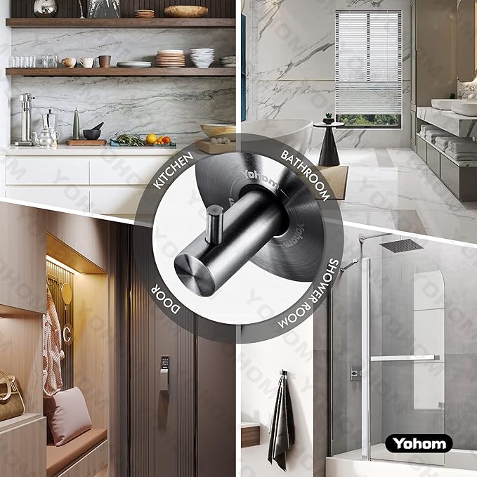 YOHOM Suction Cup Hooks - Black Stainless Steel Window and Shower Towel Hooks - Holds 2 Pcs