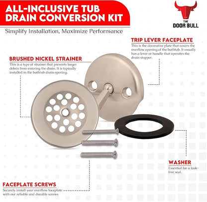 Trip Lever Bathtub Drain Kit with Strainer – 2-Hole Overflow Faceplate, Matching Screws – Tub Drain Trim Replacement Set for Bathroom Bathtubs