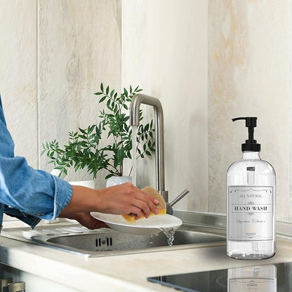 16 OZ Thick Clear Glass Soap Dispenser with Pump 2 Pack, Hand and Dish Soap Dispenser Set for Bathroom and Kitchen with 6 Waterproof Labels