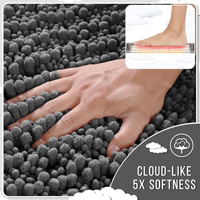 Yimobra Bathroom Rugs Sets 2 Piece - Quick Dry Extra Thick Luxury Chenille Bath Mat, Non Slip Super Absorbent for Tub Shower Sink, Machine Washable Shaggy Floor Mat, 32"x20"+24"x20" Inch, Dark Grey