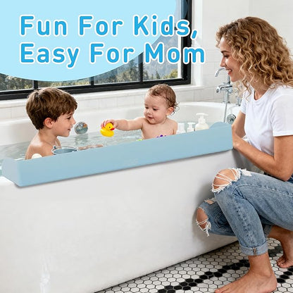 Roslim Splash Guard for Bathtub, Silicone Tub Water Splash Guard with Suction Cups, Bath Toy Tray Holder for Kids & Toddlers, Tub Shelf for Children Bathroom Essentials, Baby Blue