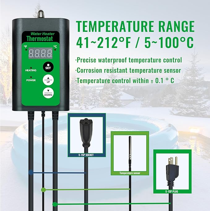 2000W Immersion Water Heater for Bathtub & Above Ground Pool – Portable Fully Submersible Electric Heater with Temp Control & GFCI for Inflatable Pool, Baptismal pool, bucket & Hot Tub