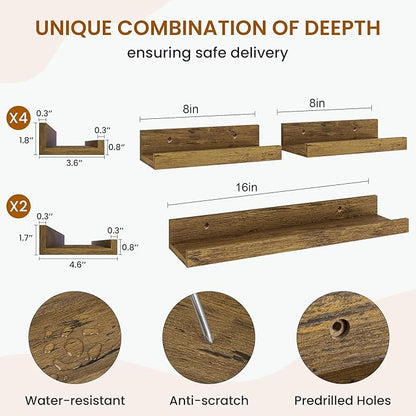 Axeman Picture Ledge Shelf, Floating Shelves for Storage Set of 6, 16 inch Floating Wall Mounted Shelves, Wall Shelves with Lip for Living Room, Bedroom, Nursery, Bathroom, Kitchen, Rustic Brown