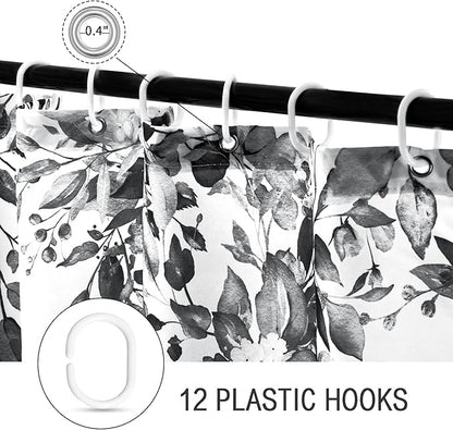 Gibelle Extra Long Shower Curtain 72 x 84, Black and White Floral Shower Curtain, Watercolor Plant Eucalyptus Leaves Fabric Shower Curtain Set