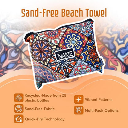 Nakie Sand Free Beach Towel, Quick Dry, Lightweight and Compact with Storage Bag, 160x90cm, Made from Recycled Bottles for Beach, Pool, Travel, Swimming and Outdoor Use