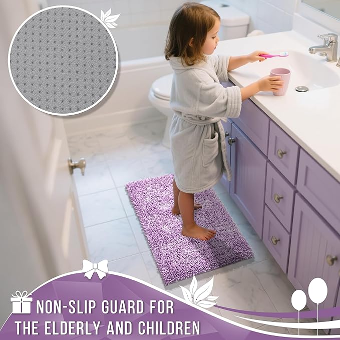 Yimobra Long Bathroom Rug Non Slip 44x24 Inch, Extra Thick Soft Absorbent Chenille Bath Mat, Machine Washable Quick Dry Bath Rugs for Bathroom Floor, Tub and Shower, Home Decor Accessories, Lilac