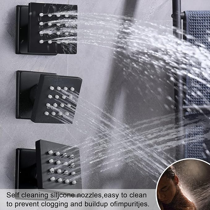 Temperature Display Shower Faucet Set Matte Black Shower System with 12" Ceiling Shower Head, Handheld Spray and 4 Body Jet, Multi-function Push Button Shower Faucet Trim Kit
