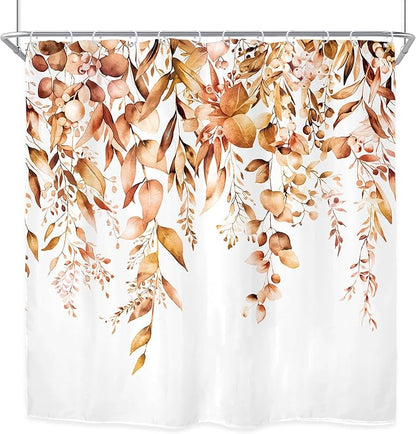 Riyidecor Burnt Orange Fall Autumn Shower Curtain for Bathroom Decor 72Wx72H Eucalyptus Botanical Leaf Plants Watercolor Floral Nature Art Printed Fabric Polyester Waterproof