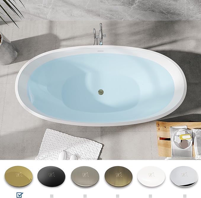 FerdY Koh Samui 65" Freestanding Bathtub, Elegant Oval Shape, Double Walled Insulation Bathtub with Center Polished Gold Drain & Minimalist Linear Design Overflow