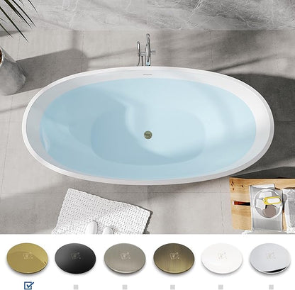 FerdY Koh Samui 65" Freestanding Bathtub, Elegant Oval Shape, Double Walled Insulation Bathtub with Center Polished Gold Drain & Minimalist Linear Design Overflow