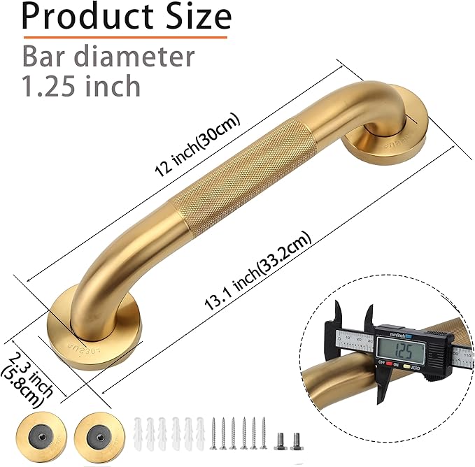 Shower Grab Bar, 2 Pack 12 Inch Gold Bathroom Grab Bar, 1.25" Diameter 304 Stainless Steel Anti-Slip Grab Bars for Bathtubs and Showers, Handicap Shower Grab Bar for Seniors Elderly
