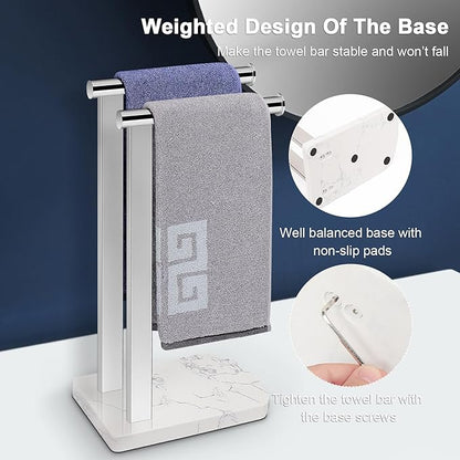 NearMoon Hand Towel Holder with Balanced Marble Base, SUS304 Stainless Steel Stand Towel Ring L Shape Hand Towel Rack Free-Standing Towel Bar for Bathroom Kitchen Countertop (Double Rod, Chrome)