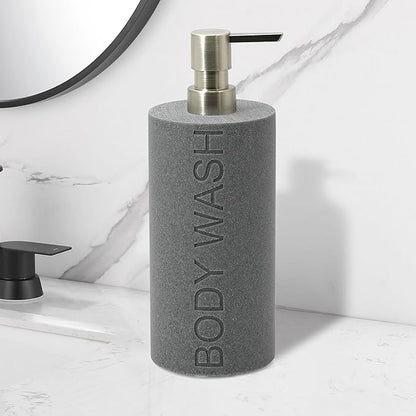 Resin Neutral Gray Sandstone Body Wash Engraved Bottle Refillable Pump Dispenser, Durable Waterproof Resin Construction for Bath, Shower - Gray Sandstone Satin Nickel Pump