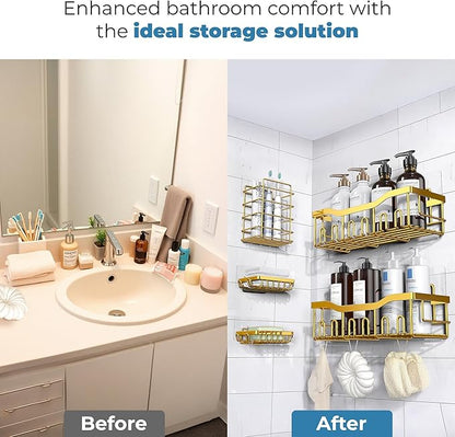 Fab Glass and Mirror 5-Pack Shower Caddy, Gold - Shower Organizer & Shelves for Efficient Storage, Bathroom Caddy for Wall Organizer, Durable Showers Wall Caddy