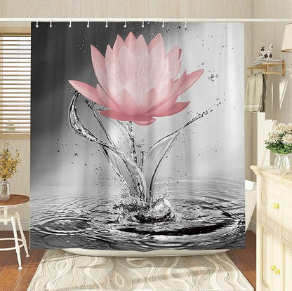 Lotus Shower Curtain Black White Grey Red Flower Elegant Blooming Floral with Dew Spring Flower Reflection on Water Modern Romantic Polyester Fabric Bathroom Decor 70×70 Inch with Hook
