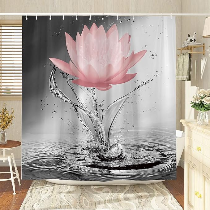 Lotus Shower Curtain Black White Grey Red Flower Elegant Blooming Floral with Dew Spring Flower Reflection on Water Modern Romantic Polyester Fabric Bathroom Decor 60×70 Inch with Hook