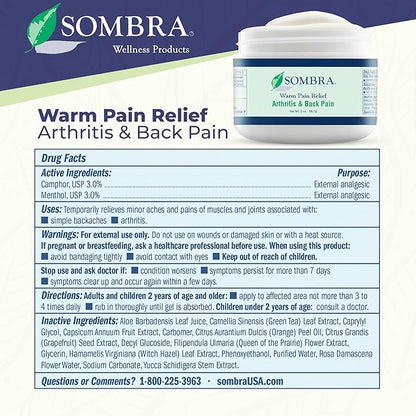 Sombra Warm & Cool Pain Relief Gel, Warm Relief for Arthritis and Chronic Pain Pre-Workout Muscle Rub, Cold for Swelling, Soreness, Post-Workout, Free of Artificial Fragrances, 2oz Per Jar