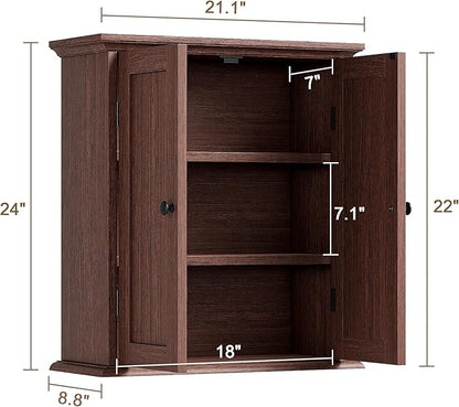 ChooChoo Bathroom Wall Cabinet, Over The Toilet Space Saver Storage Cabinet, Farmhouse Medicine Cabinet with 2 Doors and Adjustable Shelves, Cupboard, Walnut