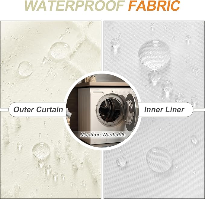 No Hooks Shower Curtain with Snap-in Liner, Beige Boho Fabric Tufted Chevron Striped Textured Shower Curtains for Bathroom, Water Repellent Hotel Quality Luxury Shower Curtain, 72Wx74H