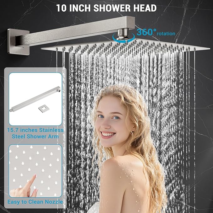 Shower Faucet Set with Shower Head, Wall Mount 10 Inch Square Rainfall Shower Head and Handle Set Single Handle Shower System Set with Female Threads Valve Body and Trim Included(Brush Nickel)