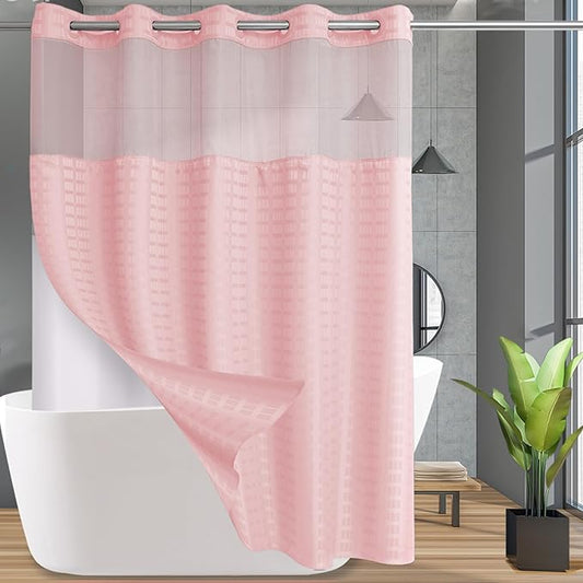 Conbo Mio No Hook Shower Curtain with Snap in Liner Set, Hotel Luxury Pink Shower Curtains for Bathroom with See Through Top Window, Waterproof, Washable 71W x 74H