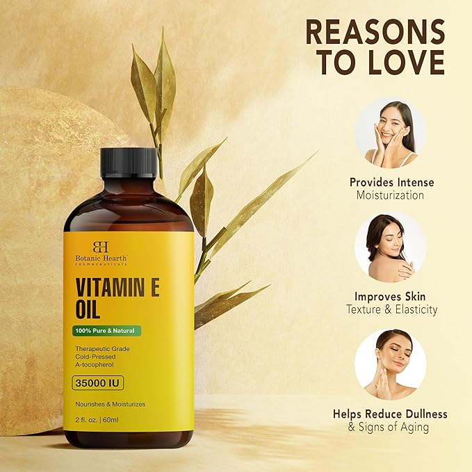 Botanic Hearth Vitamin E Oil (Glass Bottle 2 Fl Oz Set of 2) | 100% Pure and Natural Oil for Growth of Nails, Hair, Eyebrows & Eyelashes | 35,000 Iu | Hair & Body Oil with Eyebrow & Eyelash Brush
