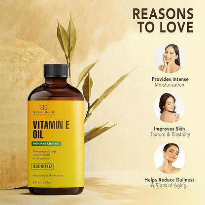 Botanic Hearth Vitamin E Oil (Glass Bottle 2 Fl Oz Set of 2) | 100% Pure and Natural Oil for Growth of Nails, Hair, Eyebrows & Eyelashes | 35,000 Iu | Hair & Body Oil with Eyebrow & Eyelash Brush