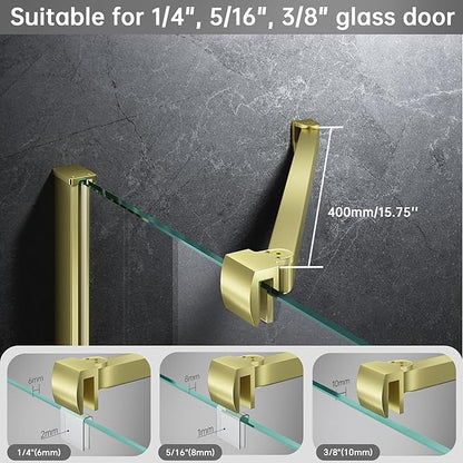 Frameless Shower Door Support Bar, Stainless Steel Wall-to-Glass Support Arm to Fixed Shower Glass Panel, for 1/4"-3/8" (6-10 mm) Door, 180° Pivot & Stow-Flat Mode (Brushed Gold, 15.8-inch(400mm))
