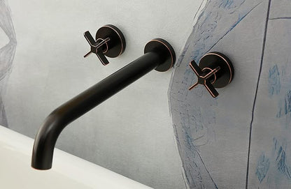 Wall Mount Tub Filler,Two Cross Handle Bathtub Faucet,Extra Long Spout Reach with High Water Flow,Brass Rough in Valve Included,Oil Rubbed Bronze