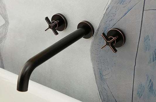 Wall Mount Tub Filler,Two Cross Handle Bathtub Faucet,Extra Long Spout Reach with High Water Flow,Brass Rough in Valve Included,Oil Rubbed Bronze