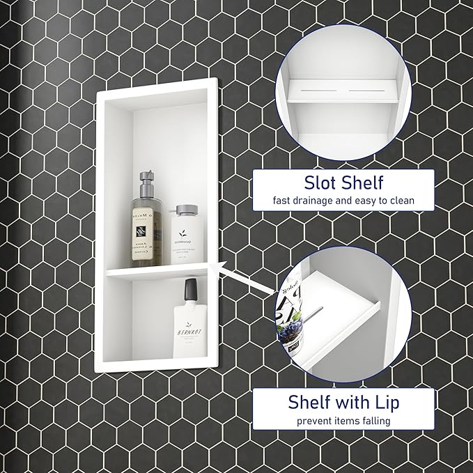 Stainless Steel Shower Niche 18"× 8" White Double Shelves No Tiled Need Recessed Niche Shower for Wall Storage Bathroom Niche Shelf Over-Mounted Installation