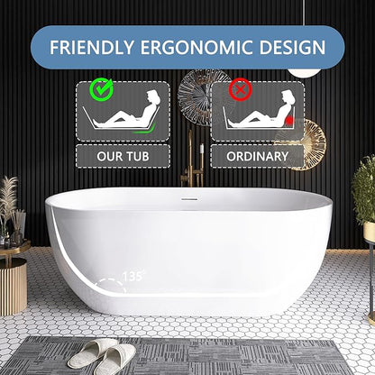 59" Free Standing Tub, Pure Acrylic Freestanding Bathtub, Stylish Stand Alone Contemporary Deep Soaking Bath Tub, cUPC Certified SY6850 (Glossy White)
