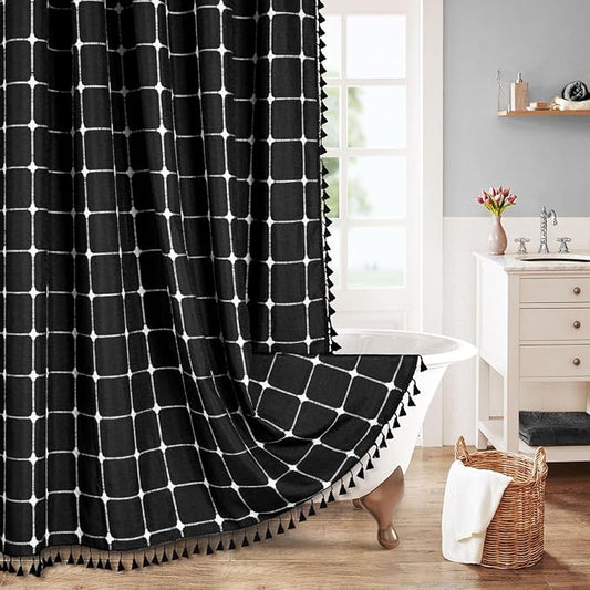 MitoVilla Black Boho Shower Curtains for Modern Farmhouse Bathroom Decor, Vintage Country Thick Polyester Linen Fabric Shower Curtain, Rustic Tassel Cloth Shower Curtain, 72 x 72