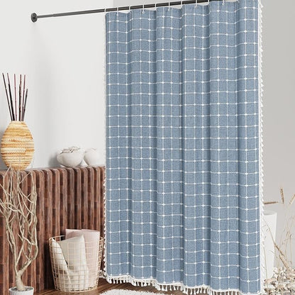 MitoVilla Blue Boho Extra Long Shower Curtain 72 x 84, Modern Farmhouse 84 inch XL Polyester Linen Texture Tassel Fabric Shower Curtain Set with Hooks for Cottagecore Country Bathroom Decor