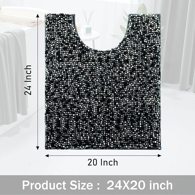 Yimobra Luxury Chenille U-Shaped Toilet Rug, Super Soft Shaggy Contour Bath Mat for Bathroom Floor, Fluffy, Water Absorbent, Non Slip, Machine Washable, Dry Quickly, 24''x 20'', Black & Dark Grey