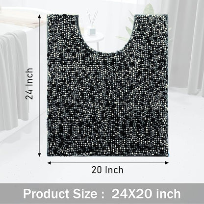 Yimobra Luxury Chenille U-Shaped Toilet Rug, Super Soft Shaggy Contour Bath Mat for Bathroom Floor, Fluffy, Water Absorbent, Non Slip, Machine Washable, Dry Quickly, 24''x 20'', Black & Dark Grey