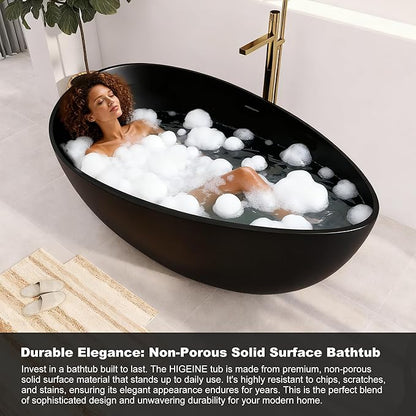 63" Premium Solid Surface Freestanding Bathtub, Contemporary Design Stand Alone Stone Resin Tub with Overflow and Pop-up Drain, Matte Black