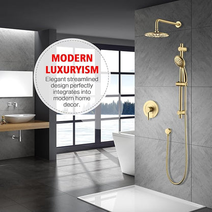 sumerain Shower System set with High Pressure Multi-modes Shower Heads and Handheld, Brushed Gold Rainfall Shower Faucet Complete with Slide Bar, Included Valve and Trim Kit