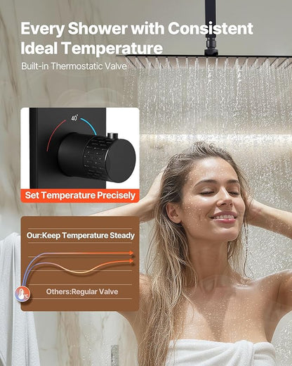 VEVOR Shower Faucet Set, 16 Inch Thermostatic Ceiling Mount Rainfall Shower System with 6 Body Jets and Handheld Spray, Rotatable 3-Function Rain Head Complete Brass Valve and Trim Kit, Matte Black