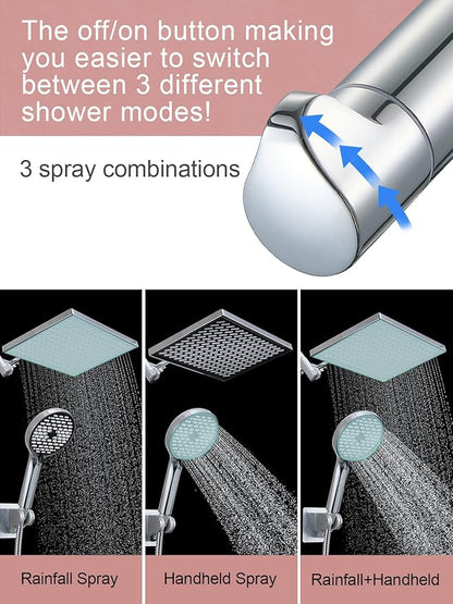 Cobbe 11.8 Inch Rain Shower Head with 6 Modes Handheld Water Spray，High Pressure Showerhead Combo with 11 Inch Adjustable Extension Arm, Chrome